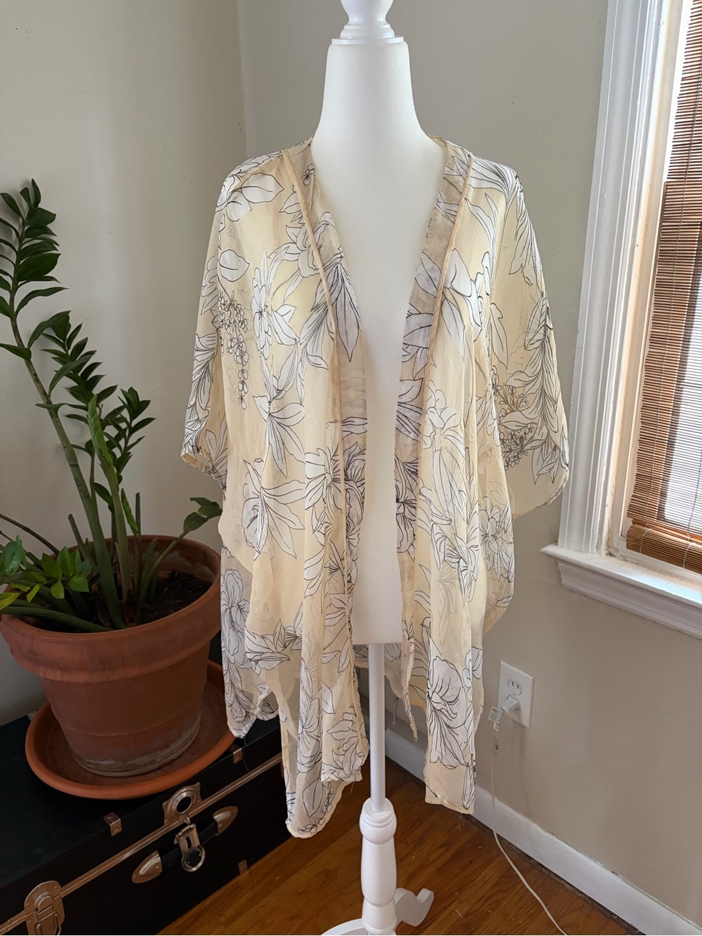 Vince Camuto Cream and Black Floral Sheer Cover-Up